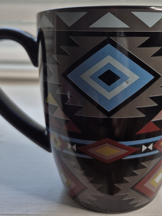 Other - Black Geometric Aztec Pattern Ceramic Mug - Blue & Red Accent